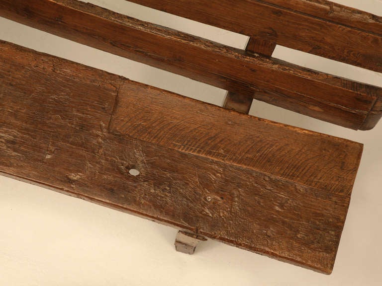 Antique French White Oak Rustic & Primitive Dining Bench w/Back In Distressed Condition In Chicago, IL