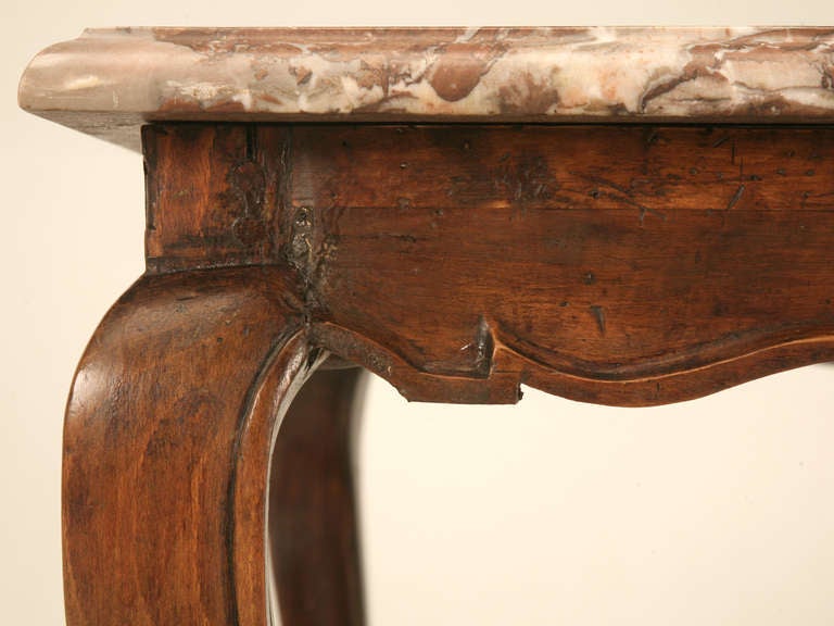 18th Century Antique French Louis XV Cherry Side or Hall Table with Marble Top For Sale 1