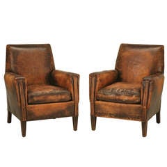 Pair of 1930's French Club Chairs w/Original Leather & Restored Insides