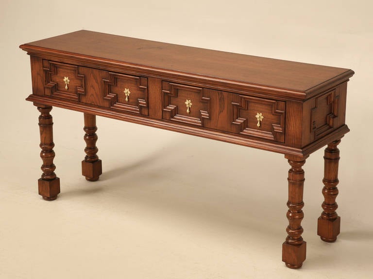 Traditional English geometric designed Console Table or Sofa Table or even as a Hall Table. Hand crafted in our Old Plank Workshop here is Chicago from rift-cut white oak, but you can of course specify any wood species you desire and any finish, or