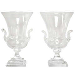 Pair of Vintage American "Steuben" Glass Amphora Urns or Vases with Handles