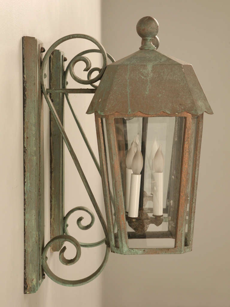 Spanish Colonial Pair of Vintage Copper Wall Lanterns w/Heavy Verdigris Patina (9 Total)