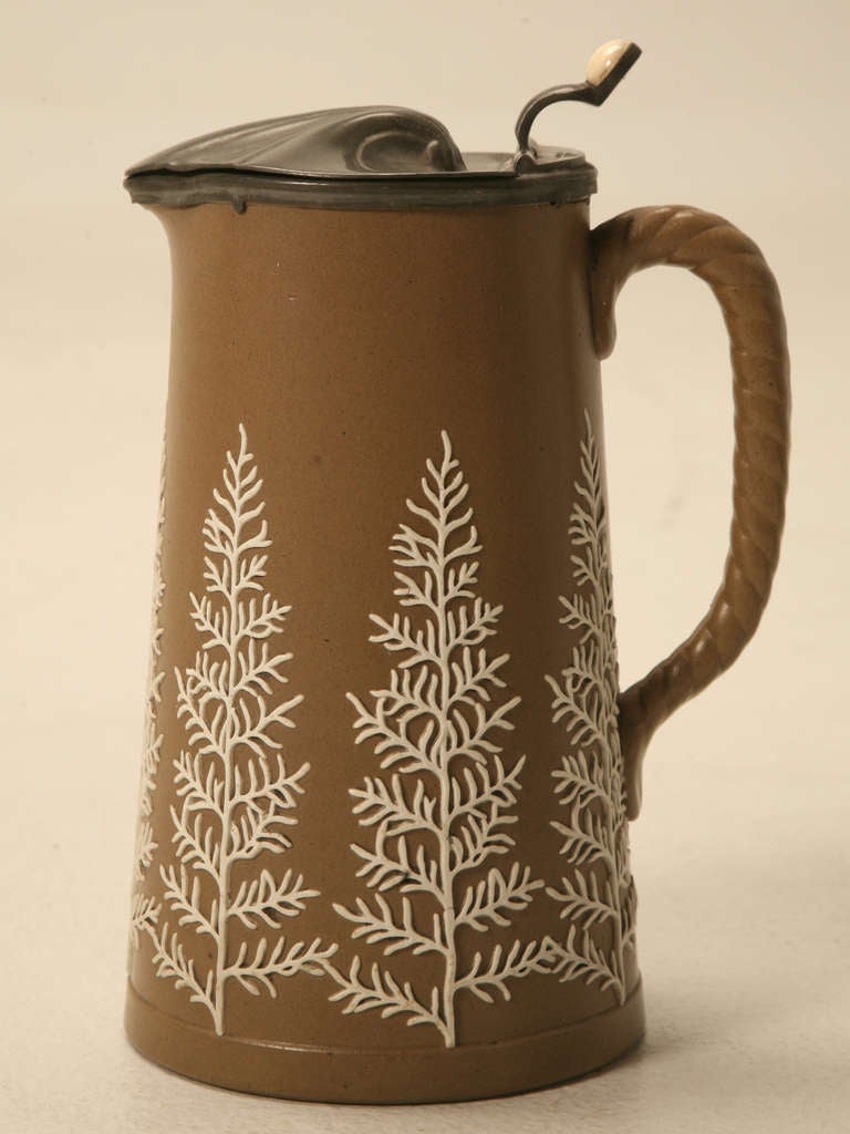 19th Century 19th C. Antique English Polished Basalt Jug with Stylized Trees & Hinged Pewter Lid