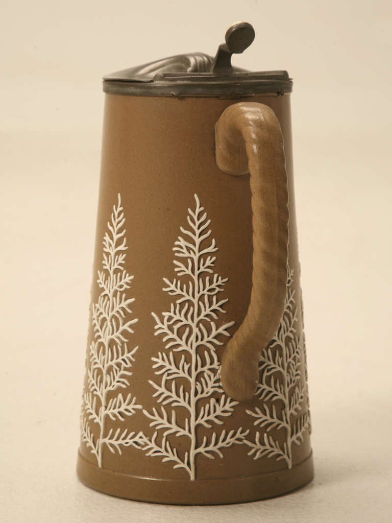 19th C. Antique English Polished Basalt Jug with Stylized Trees & Hinged Pewter Lid 1