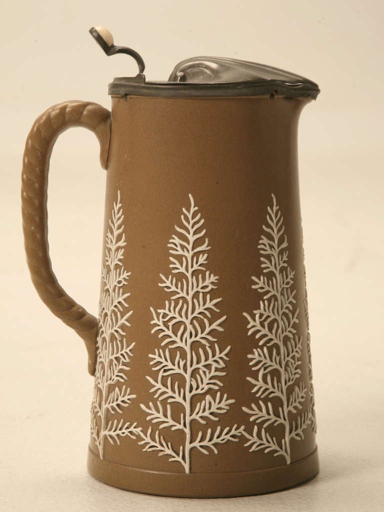 19th C. Antique English Polished Basalt Jug with Stylized Trees & Hinged Pewter Lid 2