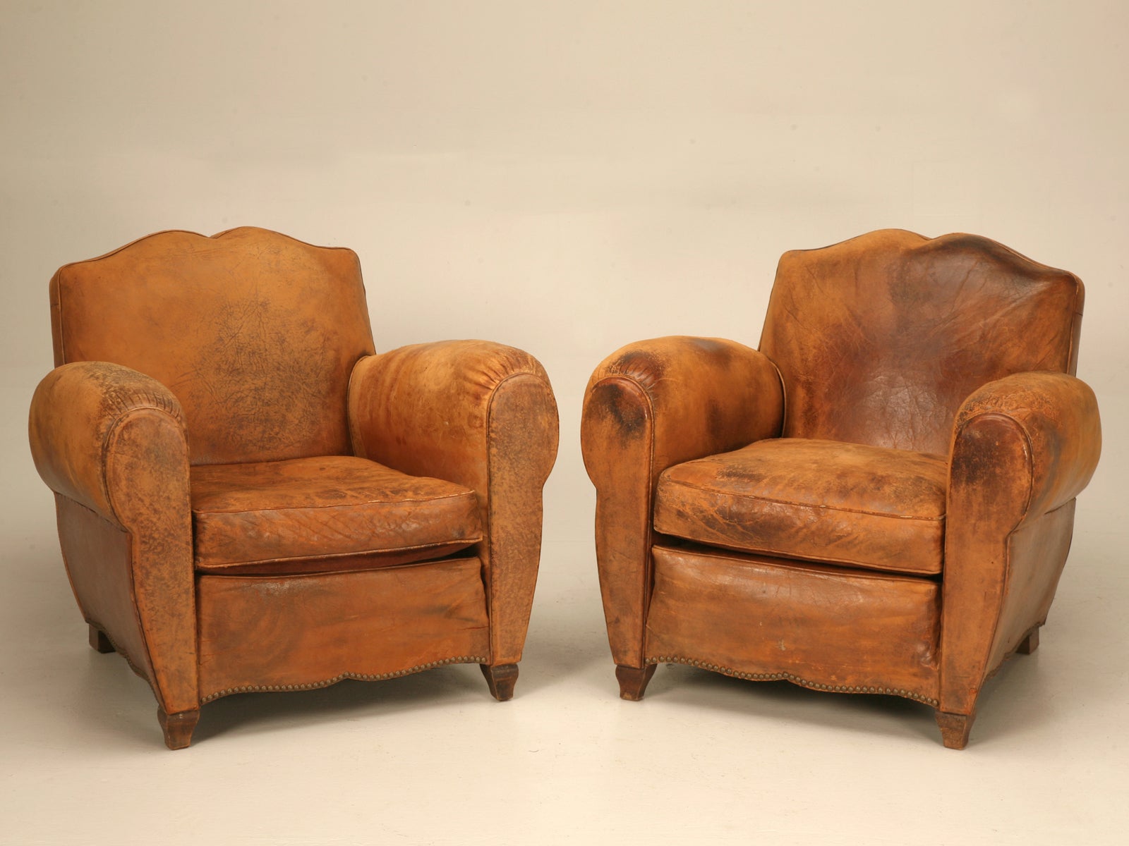 Unique Pair of French Original Lambskin Leather Moustache Back Club Chairs