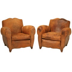 Unique Pair of French Original Lambskin Leather Moustache Back Club Chairs