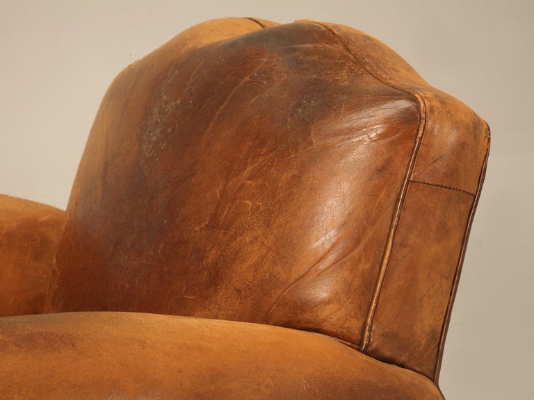 Unique Pair of French Original Lambskin Leather Moustache Back Club Chairs In Good Condition In Chicago, IL