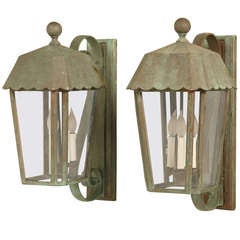Pair of Vintage Faux Copper Wall Lanterns with Verdigris Patina 