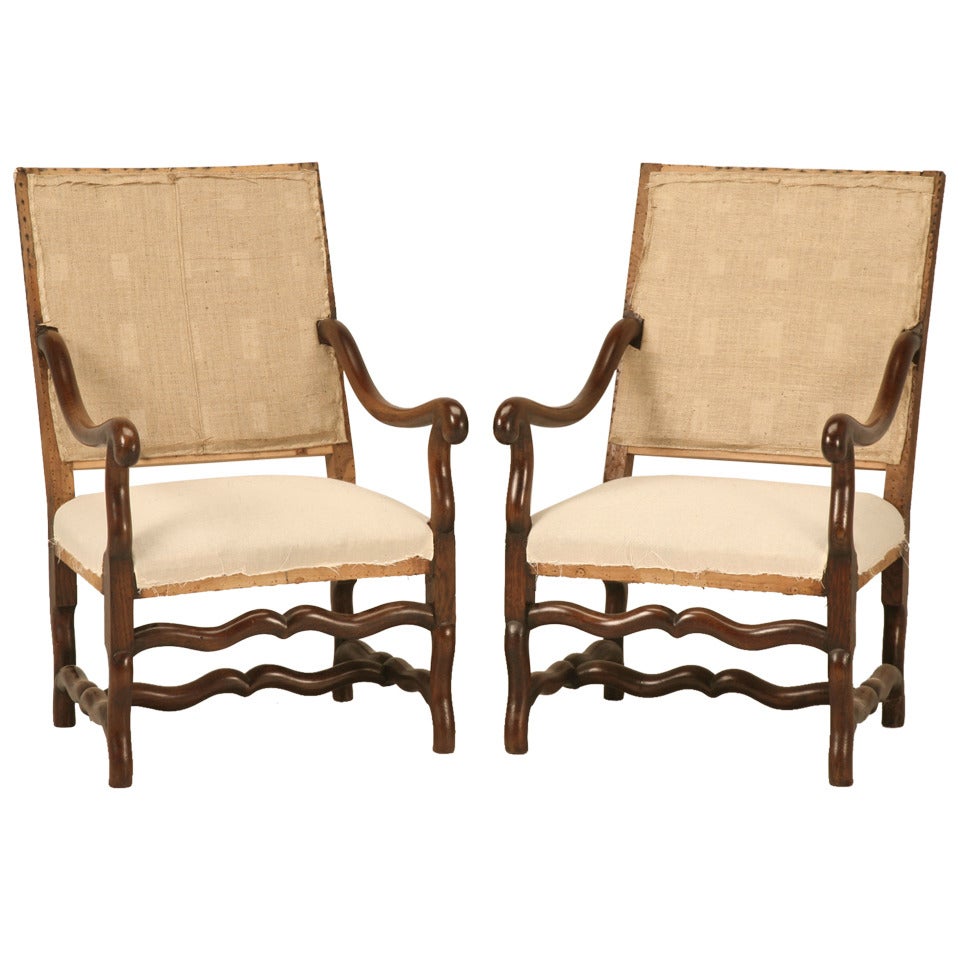 Classic Pair of Antique French Os de Mouton Solid Oak Throne Chairs