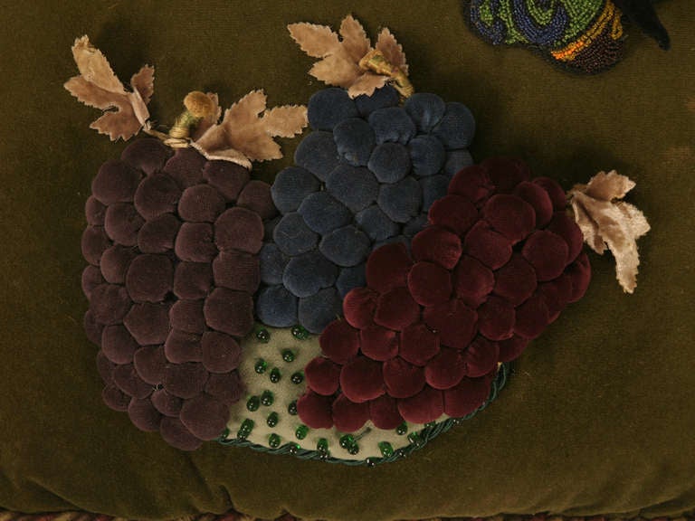 Country Vintage English Velvet Pillow w/Grapes & Butterfly Hand-Made For Sale