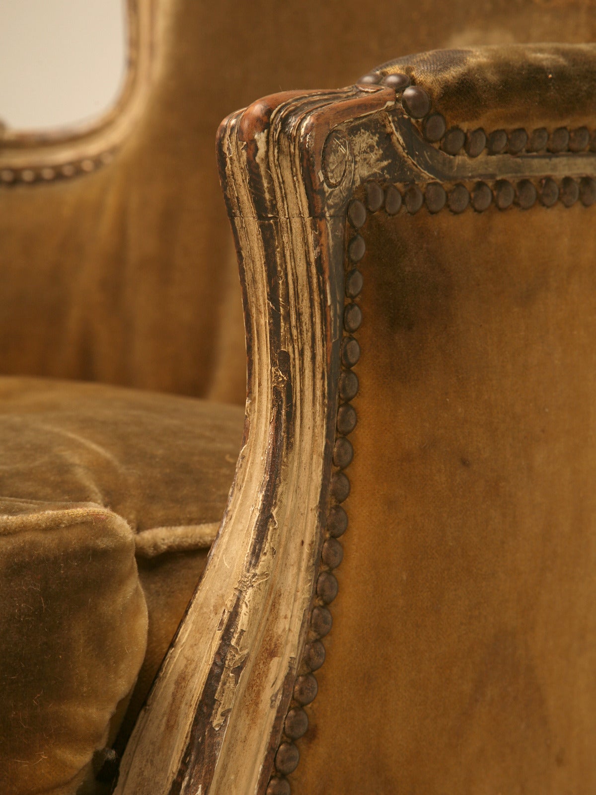 Antique French Louis XV Style Bergere Chair in Old Paint In Fair Condition In Chicago, IL