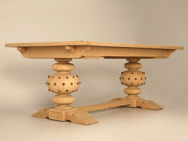 Mid-20th Century Unusual & Rare Studded Vintage French Solid White Oak Trestle Table with Leaves