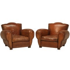 Dynamite Pair of French Original Leather Cloud Back Club Chairs