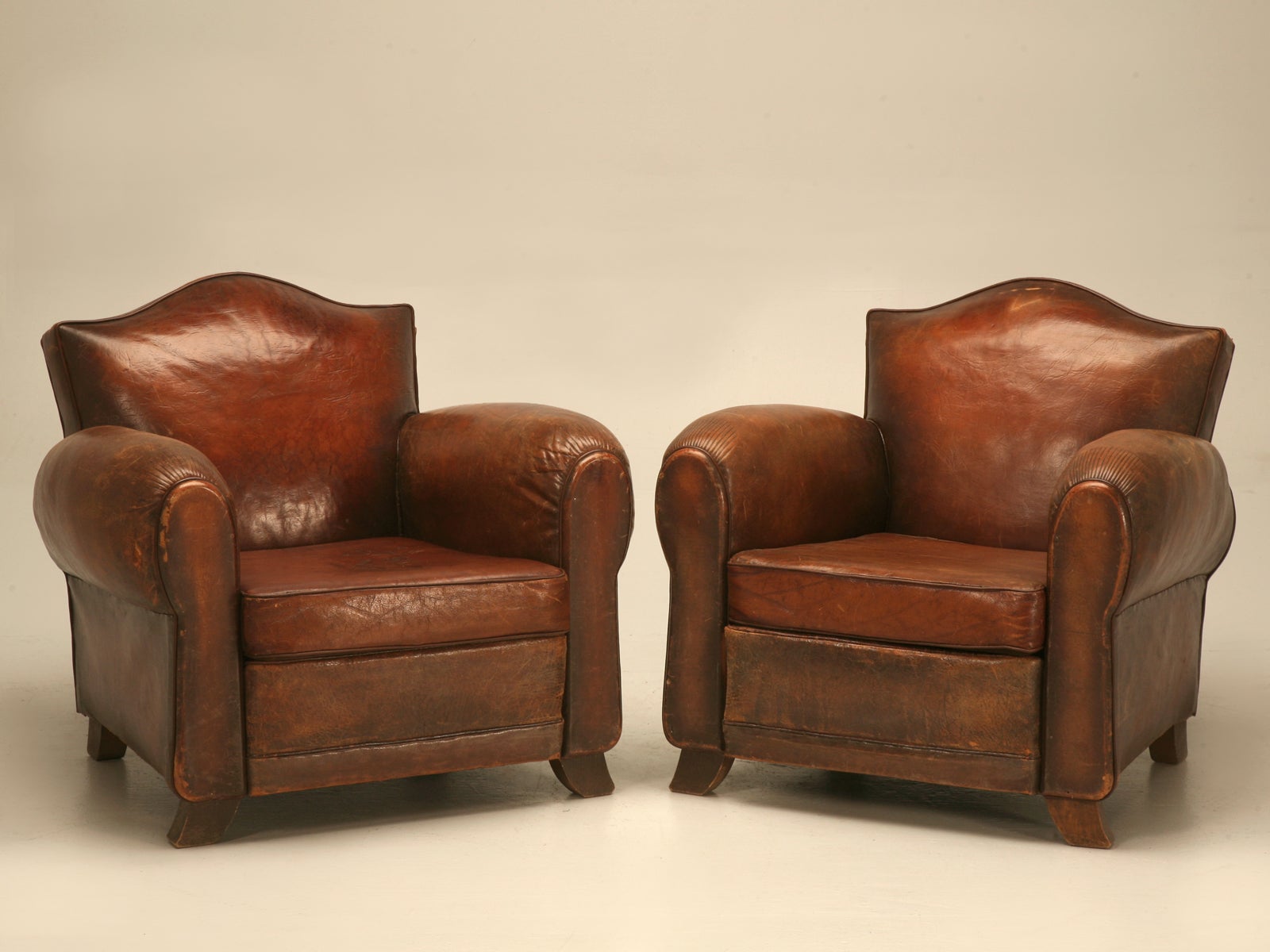 Amazing Pair of French Original Leather Camel Back Club Chairs