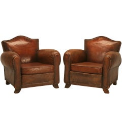 Amazing Pair of French Original Leather Camel Back Club Chairs