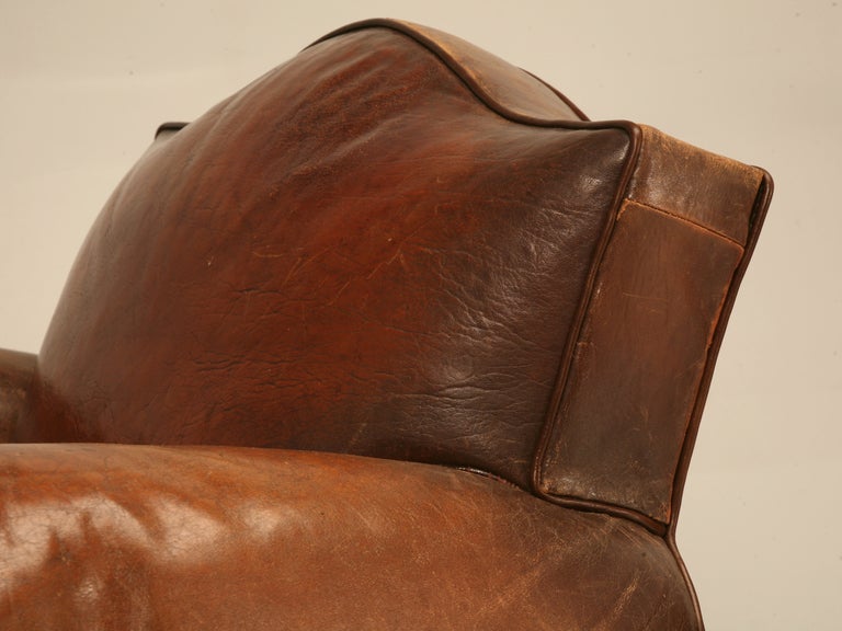 Amazing Pair of French Original Leather Camel Back Club Chairs In Good Condition In Chicago, IL