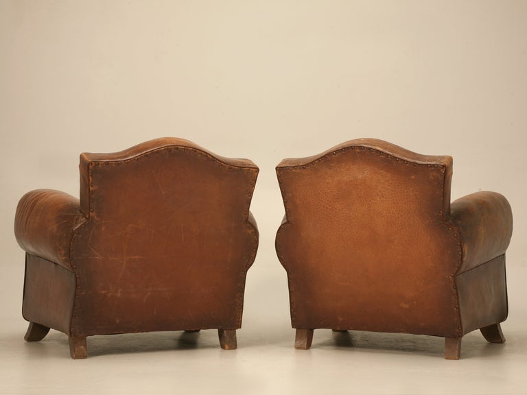 Amazing Pair of French Original Leather Camel Back Club Chairs 6