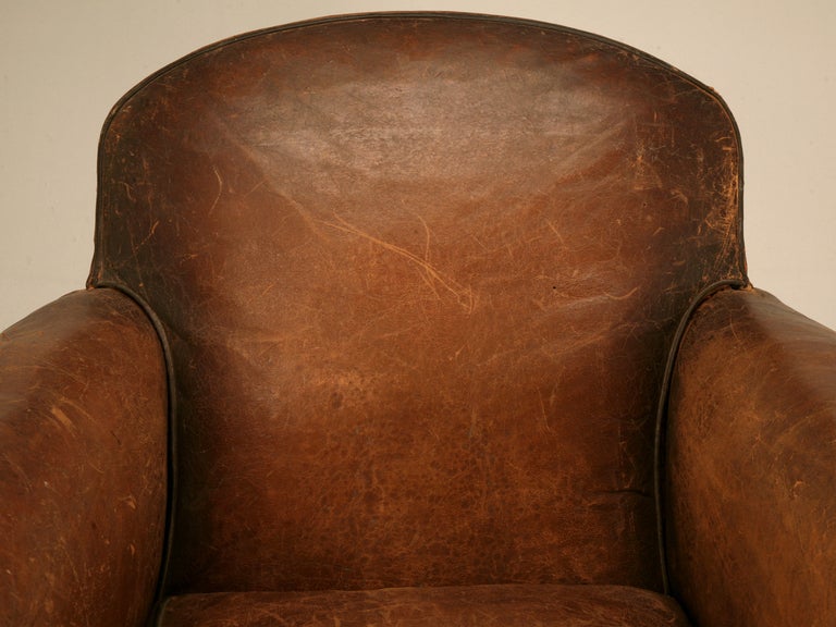 Rugged and handsome are both endearing qualities of this amazing original French club chair. Waiting with open arms, this chair has more charm and character than you can shake at stick at. Scratched and bruised with the heart and soul of a teenager,
