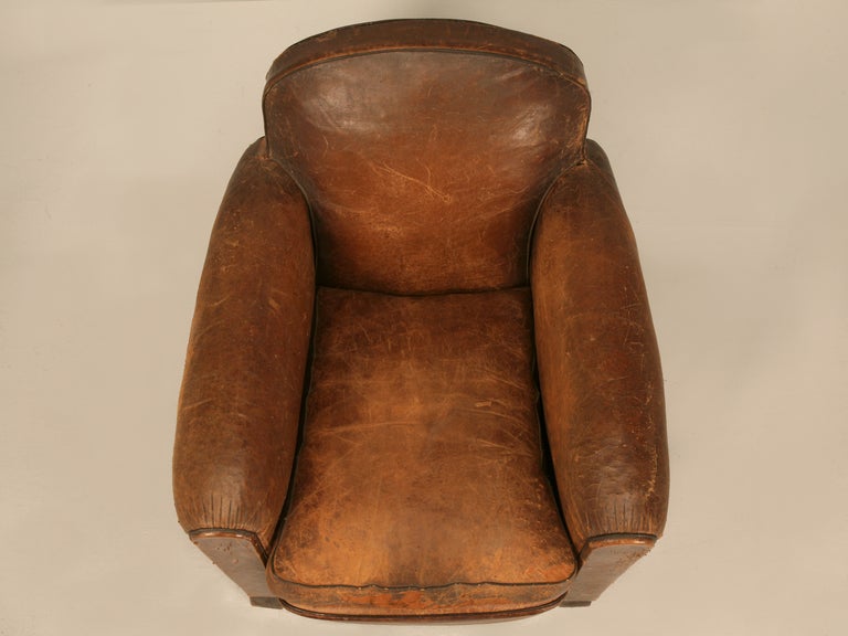 Rugged & Handsome Vintage French Original Leather Club Chair w/New Undercarriage In Good Condition In Chicago, IL