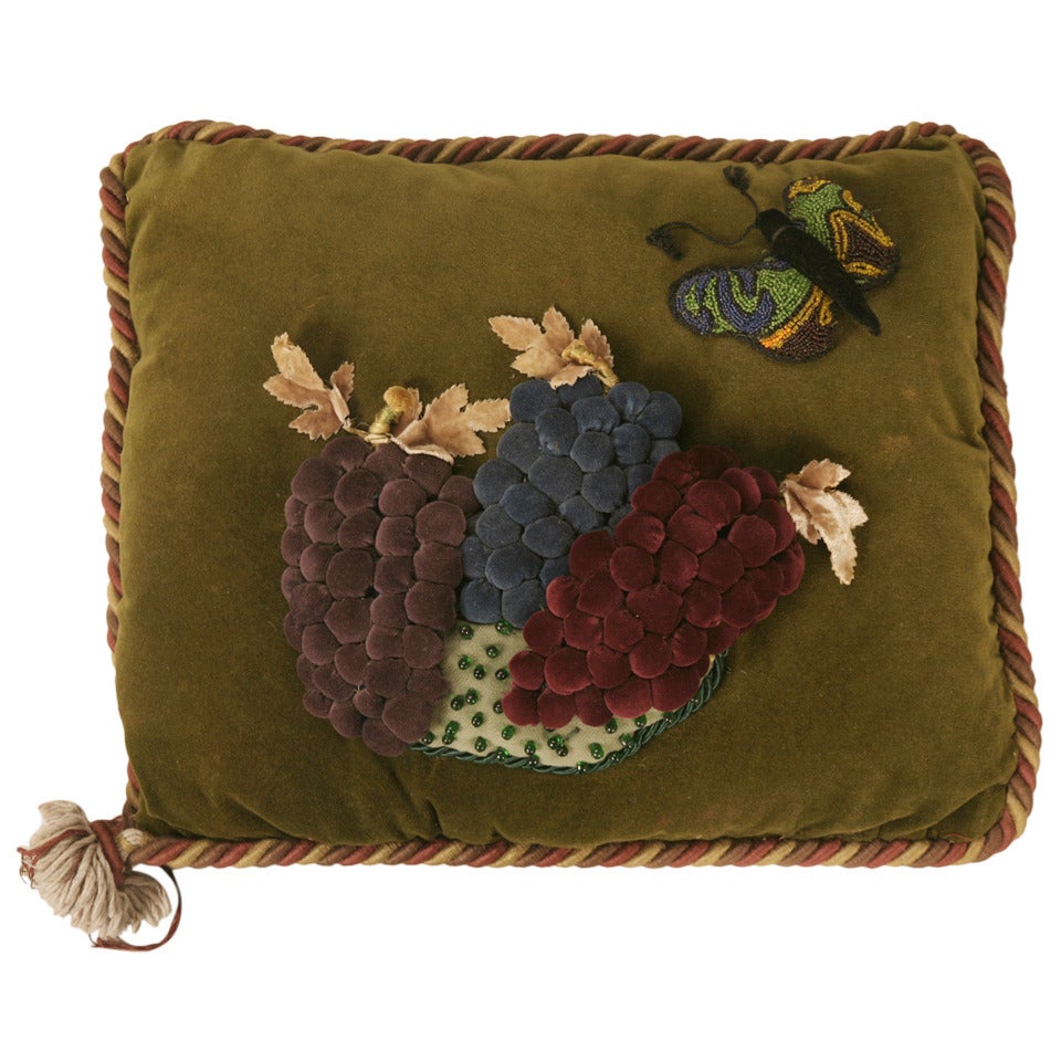 Vintage English Velvet Pillow w/Grapes & Butterfly Hand-Made For Sale