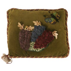 Vintage English Velvet Pillow w/Grapes & Butterfly Hand-Made