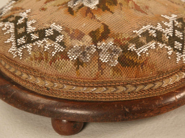 British Antique English Ladies Hand Beaded Tuffet or Footstool