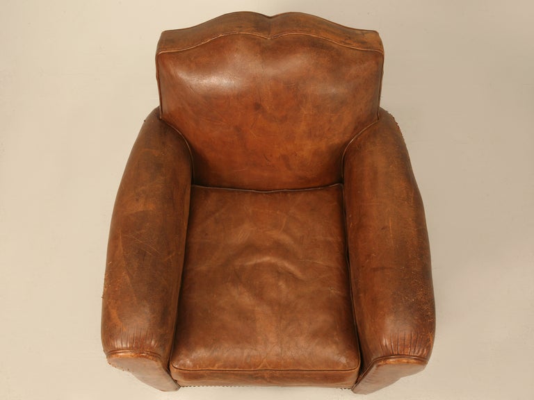 Unique French Original Lambskin Leather Moustache Back Club Chair In Good Condition In Chicago, IL