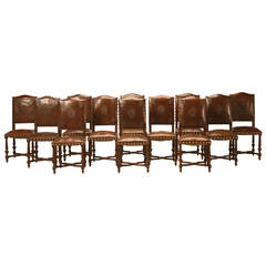 Set of 12 Henri II Original Leather Dining Chairs