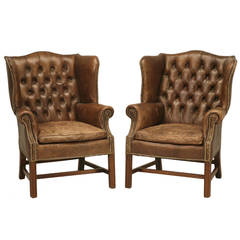Pair of Original Leather Button Tufted Old Chesterfields