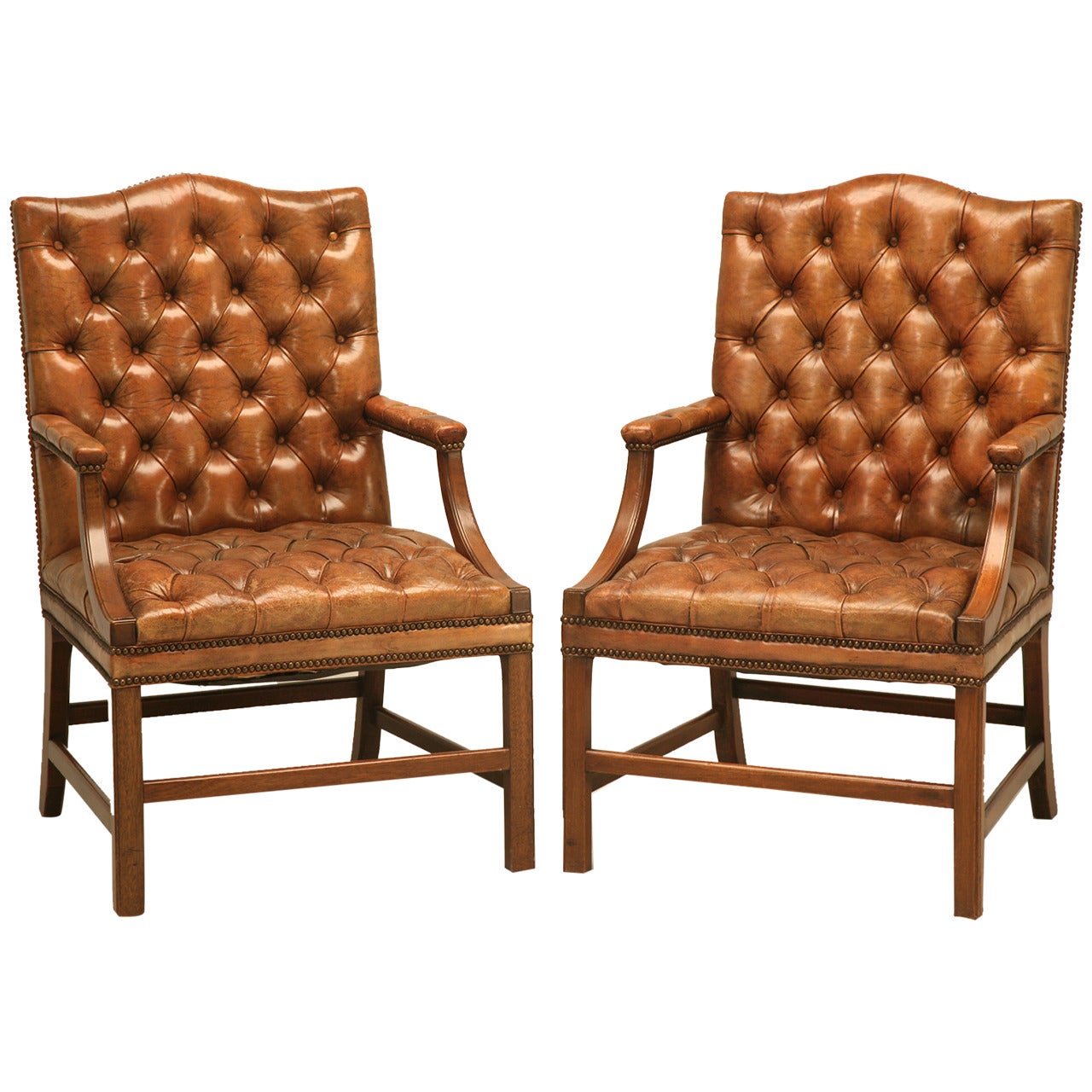 Pair of English Button Tufted Leather Vintage Chesterfield Armchairs