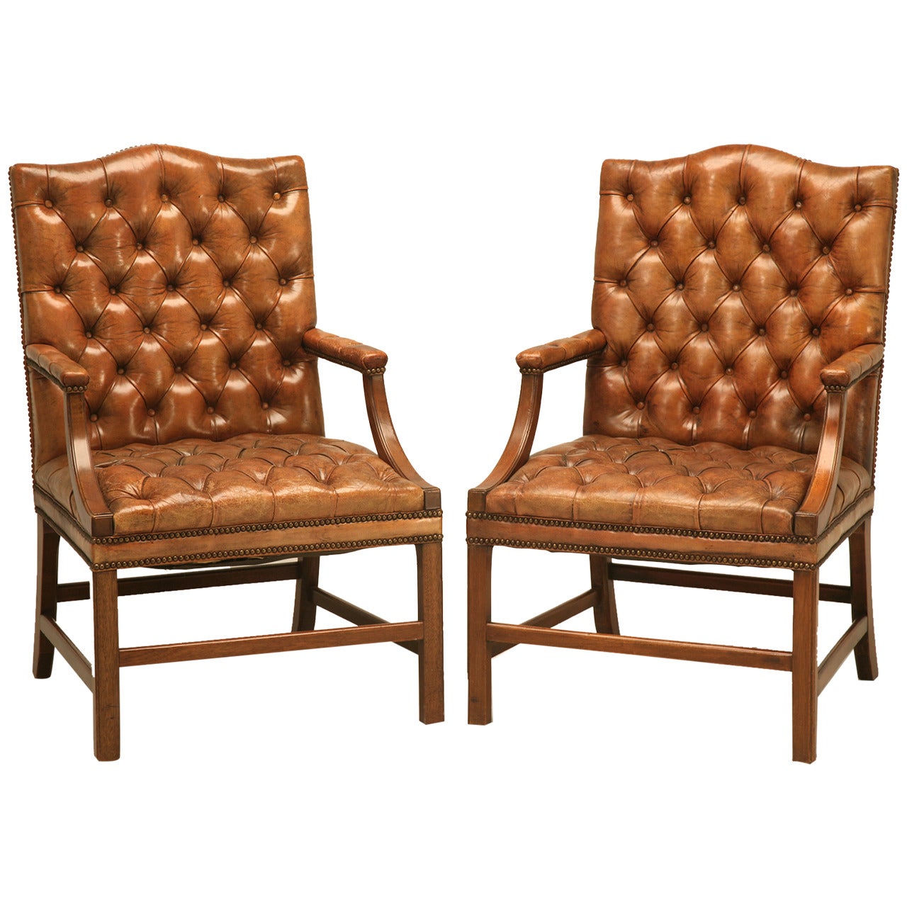 Pair of English Button Tufted Leather Vintage Chesterfield Armchairs at