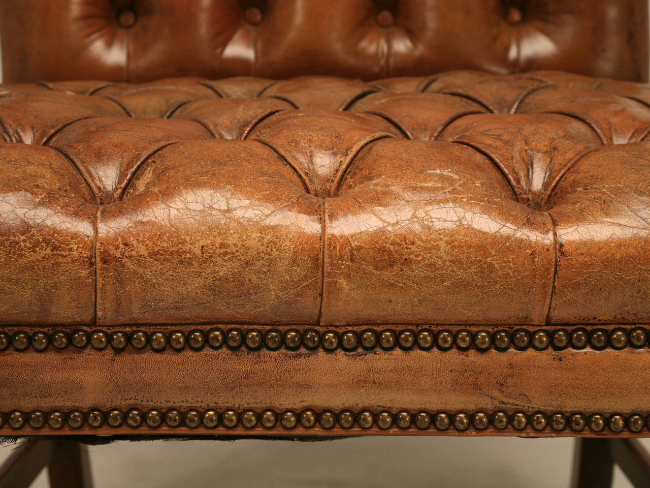 Pair of English Button Tufted Leather Vintage Chesterfield Armchairs at ...