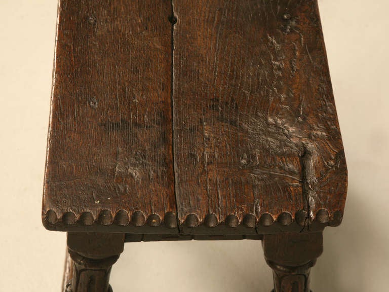 British Colonial Original 17th C. Antique English Oak Bench or Stool with Carved Aprons and Stretchers