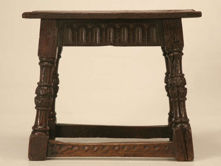 British Original 17th C. Antique English Oak Bench or Stool with Carved Aprons and Stretchers