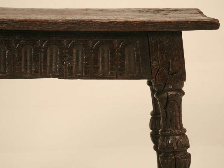 Original 17th C. Antique English Oak Bench or Stool with Carved Aprons and Stretchers In Good Condition In Chicago, IL