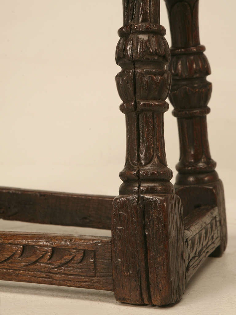 18th Century and Earlier Original 17th C. Antique English Oak Bench or Stool with Carved Aprons and Stretchers