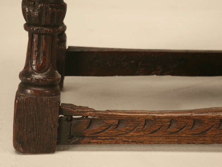 Original 17th C. Antique English Oak Bench or Stool with Carved Aprons and Stretchers 1