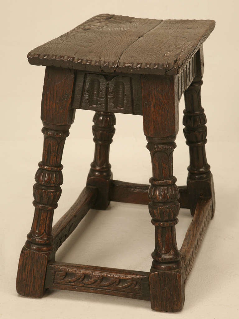 Original 17th C. Antique English Oak Bench or Stool with Carved Aprons and Stretchers 2