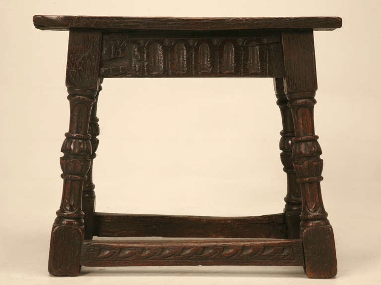 Original 17th C. Antique English Oak Bench or Stool with Carved Aprons and Stretchers 3