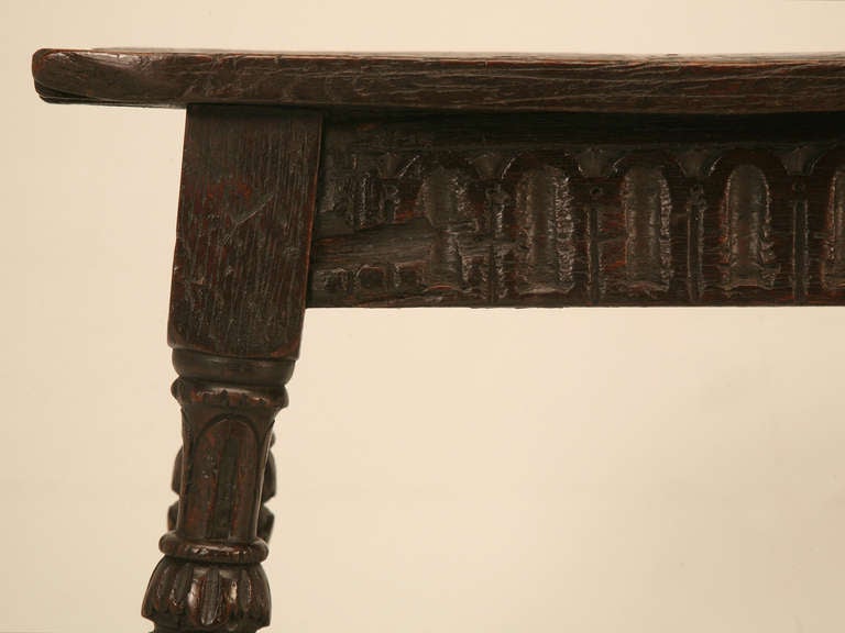 Original 17th C. Antique English Oak Bench or Stool with Carved Aprons and Stretchers 4
