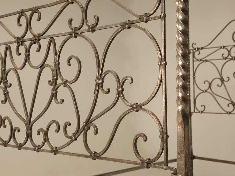 Revival Circa 1880 French Hand Forged Iron Canopy Bed with Twists and Brass Finials