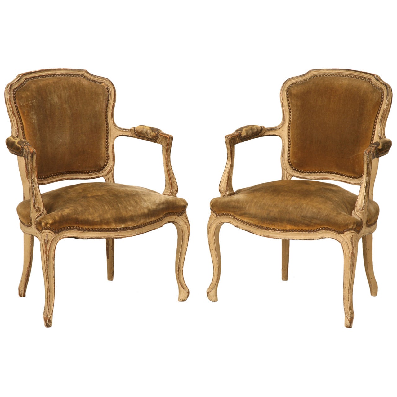 Pair of Early 1800's Louis XV Style Armchairs with Incredible Old Paint