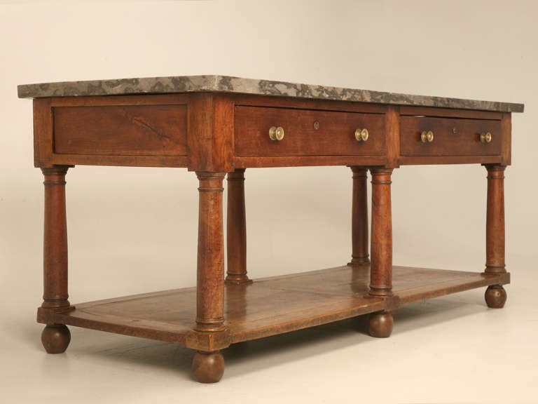 Circa 1810 Unrestored Antique French Empire 2 Drawer Mahogany Table with Shelf and Marble Top 1