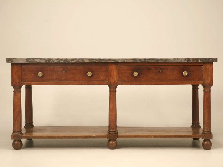 Circa 1810 Unrestored Antique French Empire 2 Drawer Mahogany Table with Shelf and Marble Top 3
