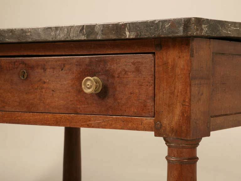 Circa 1810 Unrestored Antique French Empire 2 Drawer Mahogany Table with Shelf and Marble Top 4