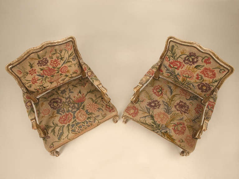 Louis XV Wide Pair of Original Paint Antique Italian Armchairs with Needlepoint