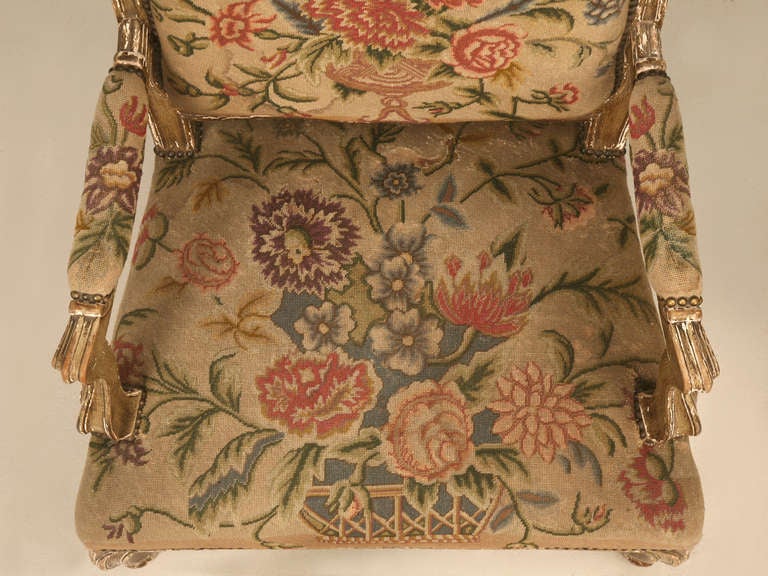 Wide Pair of Original Paint Antique Italian Armchairs with Needlepoint In Good Condition In Chicago, IL