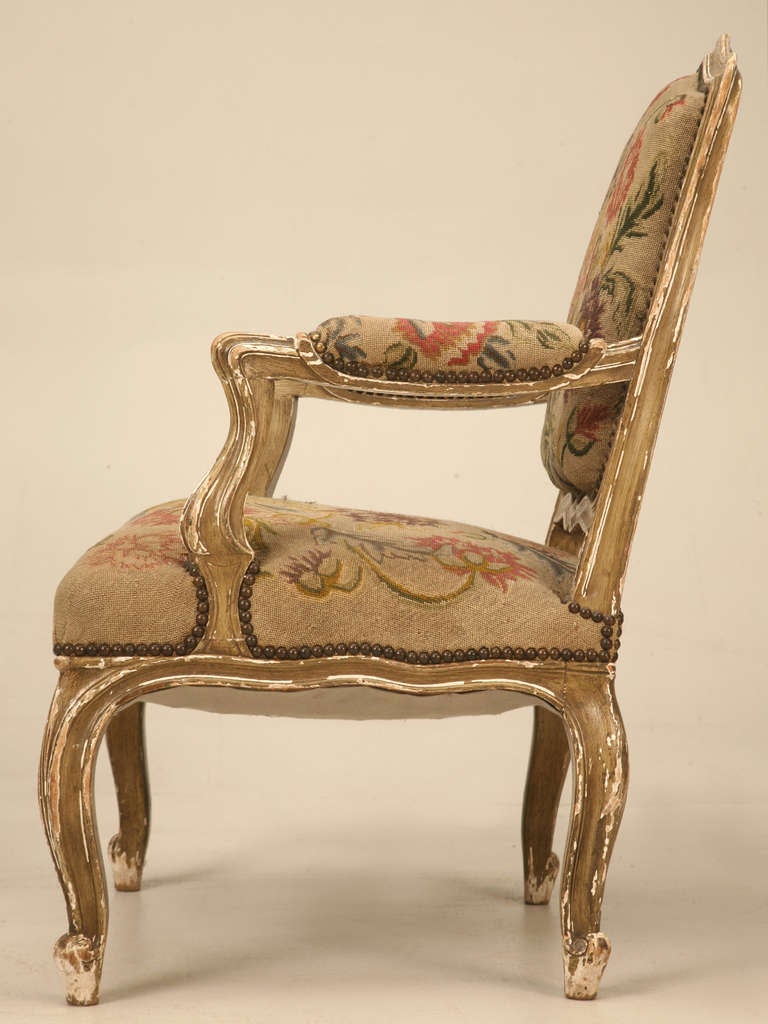Wide Pair of Original Paint Antique Italian Armchairs with Needlepoint 4