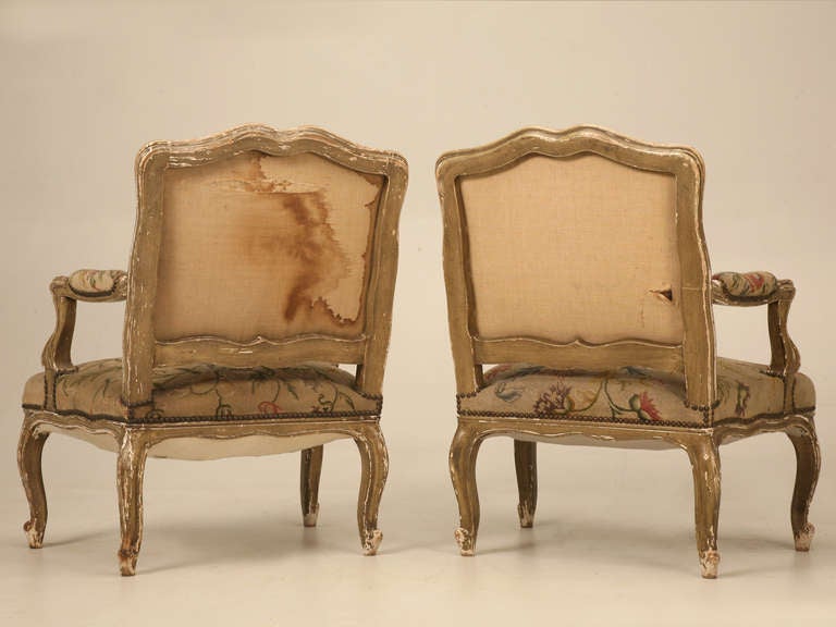 Wide Pair of Original Paint Antique Italian Armchairs with Needlepoint 5